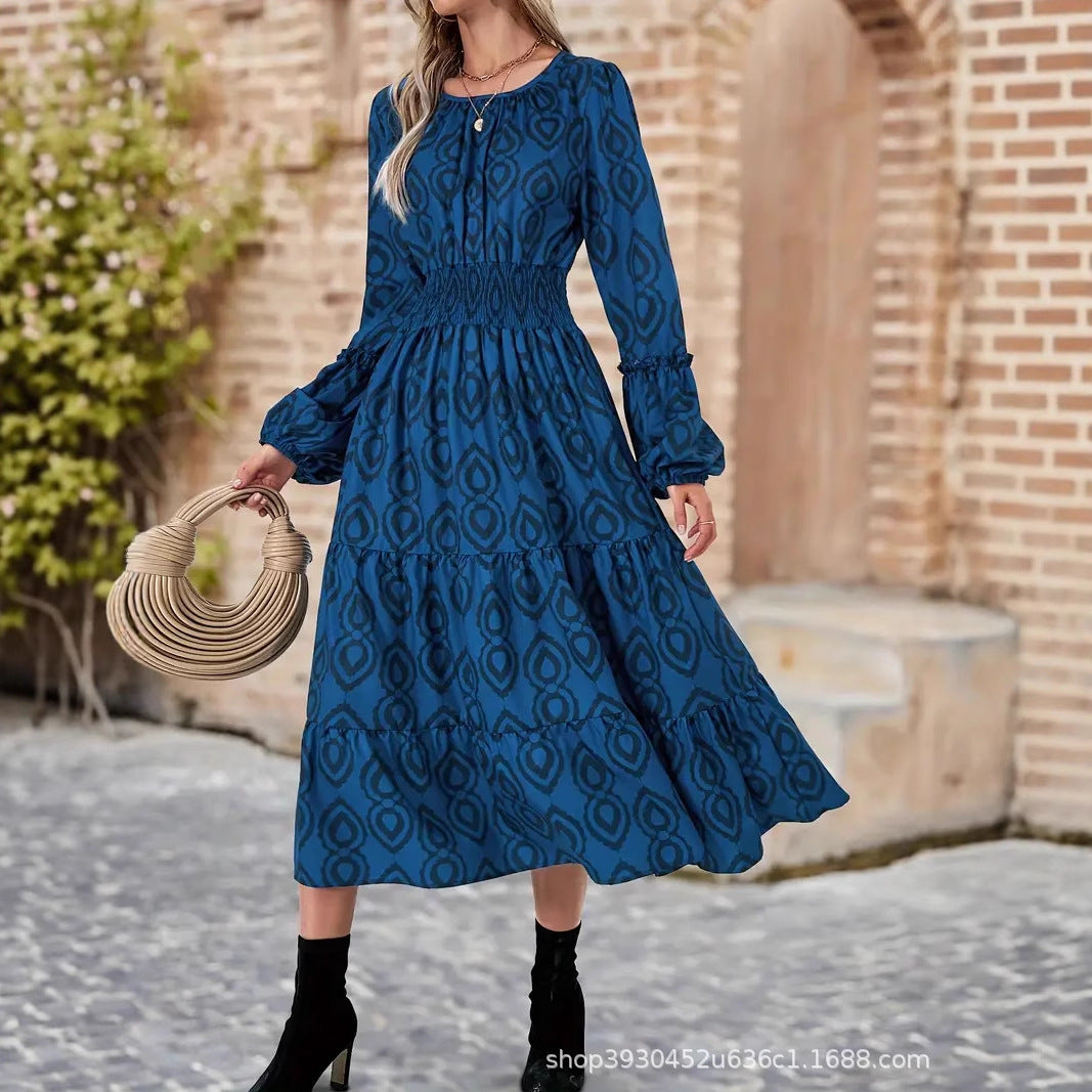Women's midi dress with elastic smocked waistband, tiered skirt and trumpet sleeves Chichicherry
