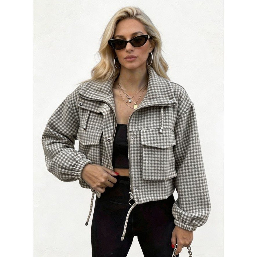 Women's Checkered Cropped Jacket with Stand Collar, Drawstring and Elastic Cuffs Chichicherry