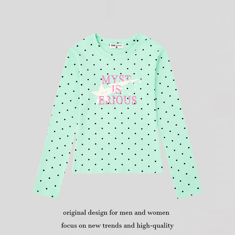 Women's long sleeve shirt with V-neck, polka dots and statement print made of cotton jersey Chichicherry