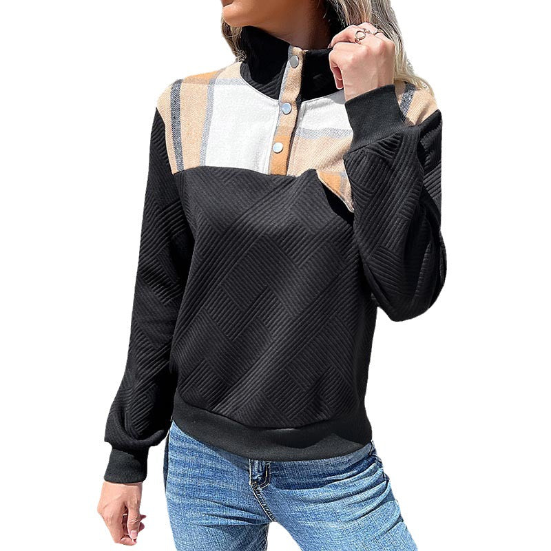 Women Quilted Sweatshirt with Check Pattern Trim, Stand-Up Collar and Snap Button Placket Chichicherry