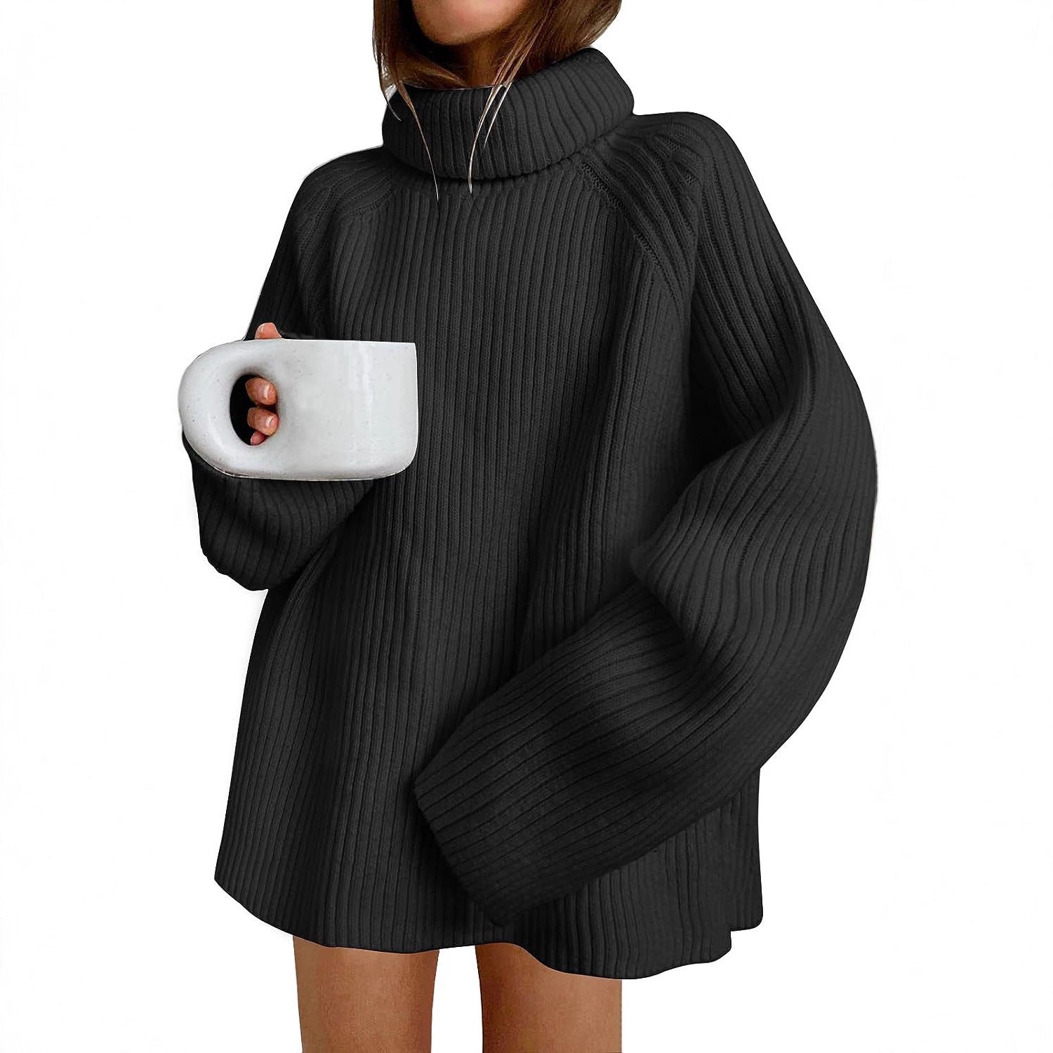Women’s Oversize Pullover Dress made of Rib Knit with High Roll Neck and Voluminous Sleeves Chichicherry