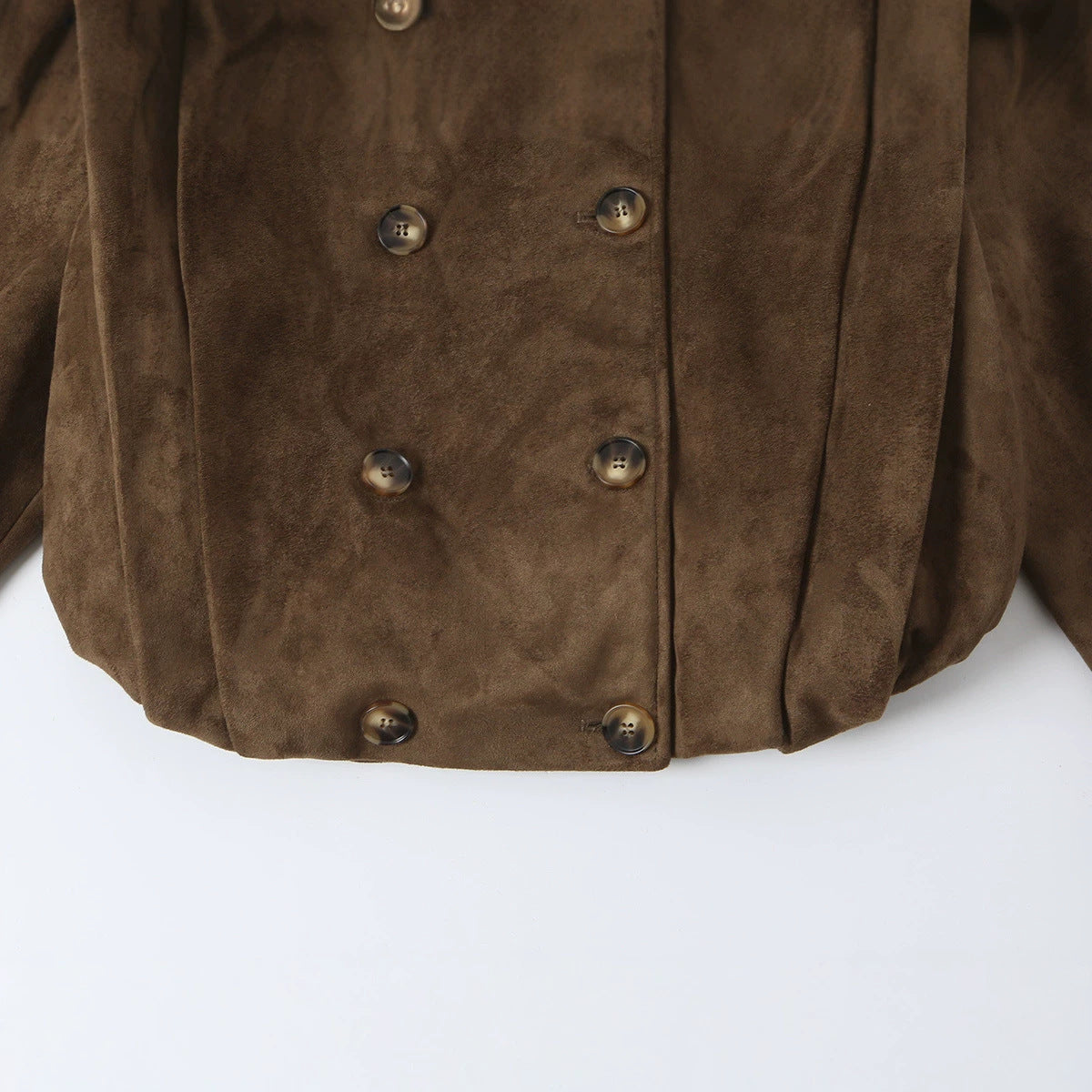 Women Short Double-Breasted Suede Jacket with Stand-Up Collar and Epaulettes Chichicherry