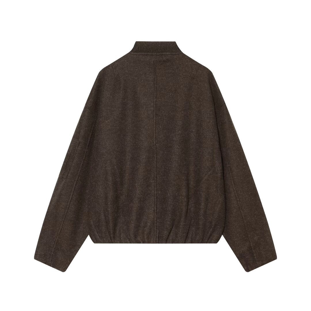 Women's Wool Blend Bomber Jacket in Oversized Boxy Cut with Zipper and Arm Pocket Chichicherry