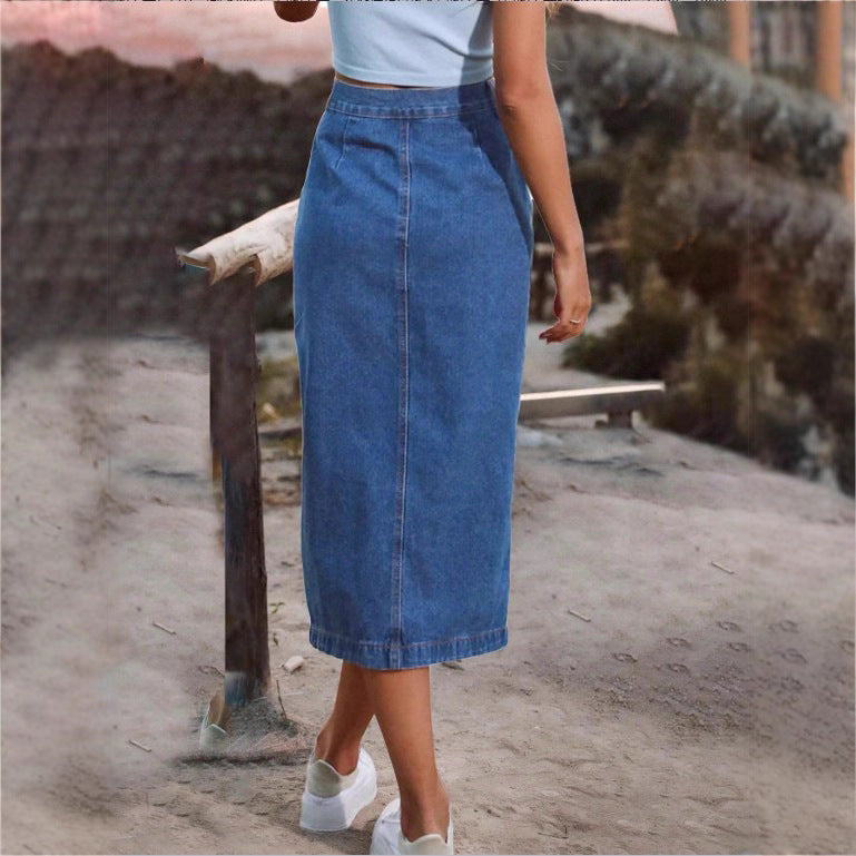 Ladies jeans midi skirt with side button placket and high thigh slit Chichicherry
