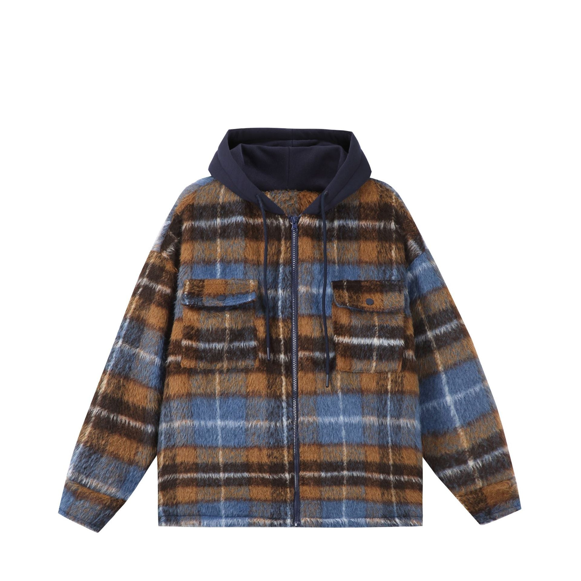 Unisex short cut plaid faux fur jacket with hood and zipper Chichicherry