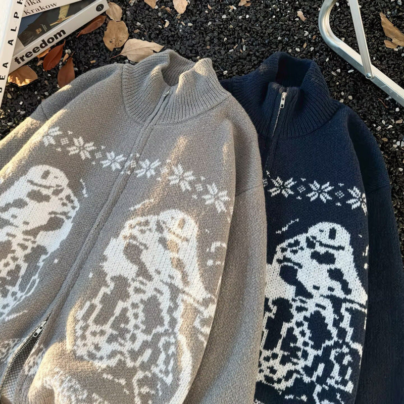 Unisex Übergroße Strickjacke mit durchgehendem Reißverschluss, hohem Rippkragen und Eulen-Intarsien Chichicherry