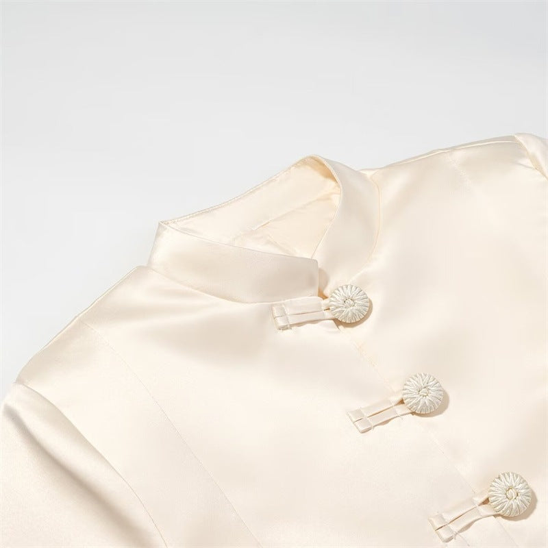 Women's Tailored Jacket with Mandarin Collar and Decorative Fabric Knot Chichicherry