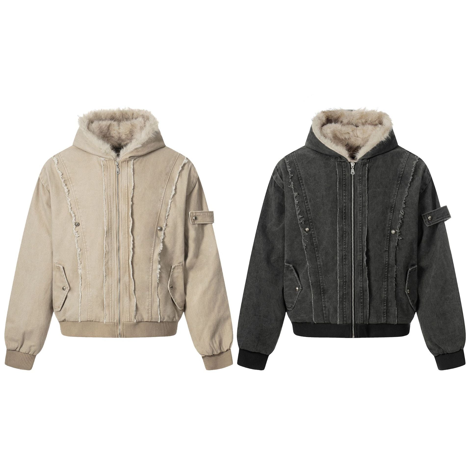 Men's Vintage-Inspired Denim Bomber Jacket with Teddy Fur Hood Chichicherry