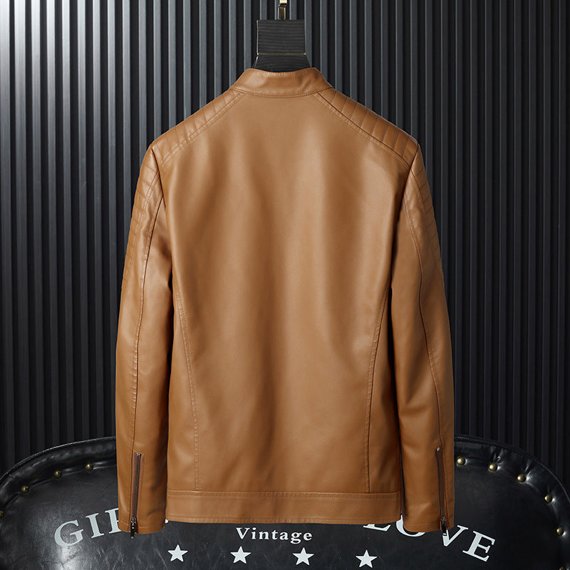 Men's Faux Leather Moto Jacket with Quilted Shoulder, Stand Collar and Zipper Chichicherry