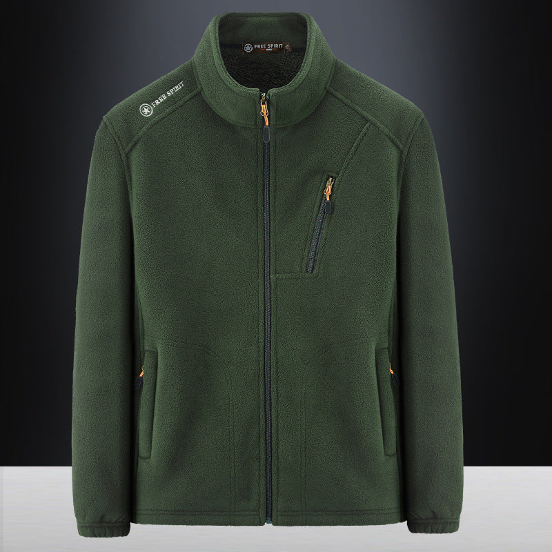 Men's Warm Microfleece Outdoor Jacket with Chest Zipper, Side Pockets and Stand-Up Collar Chichicherry