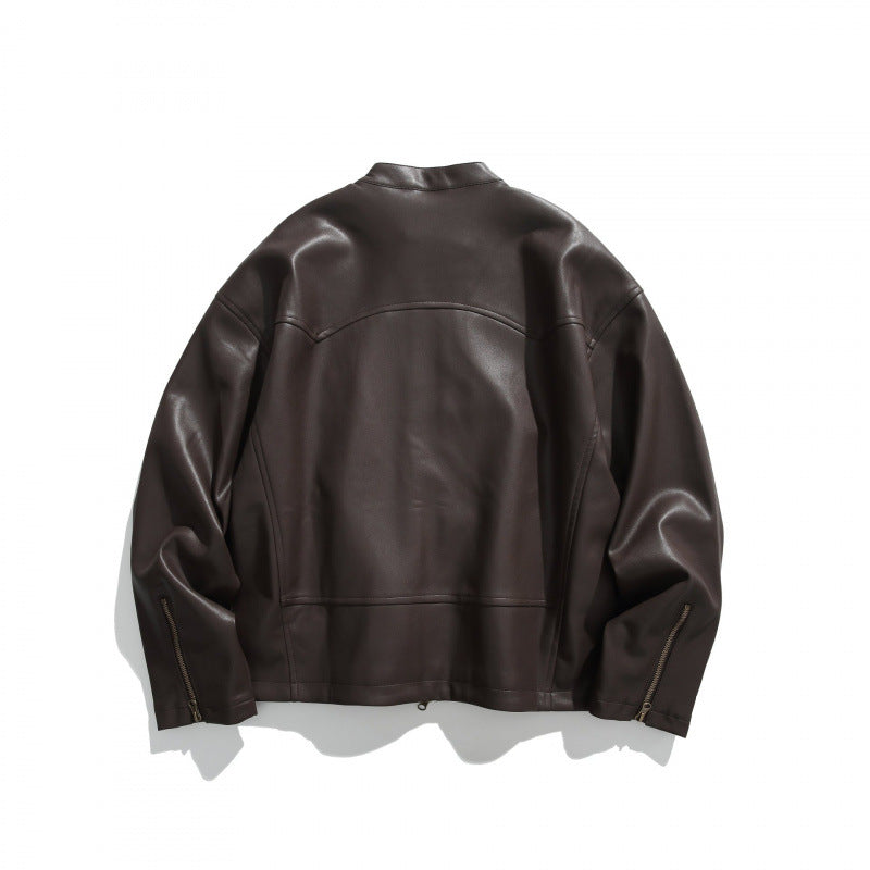 Men's short jacket made of vegan leather with a stand-up collar, three zip pockets, and two-way zipper Chichicherry