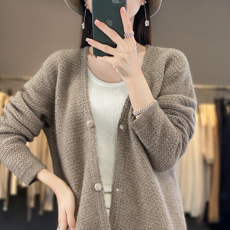 Women's Open Lace Knit Cardigan with Subtle Fuzzy Finish and Boxy Oversized Silhouette Chichicherry