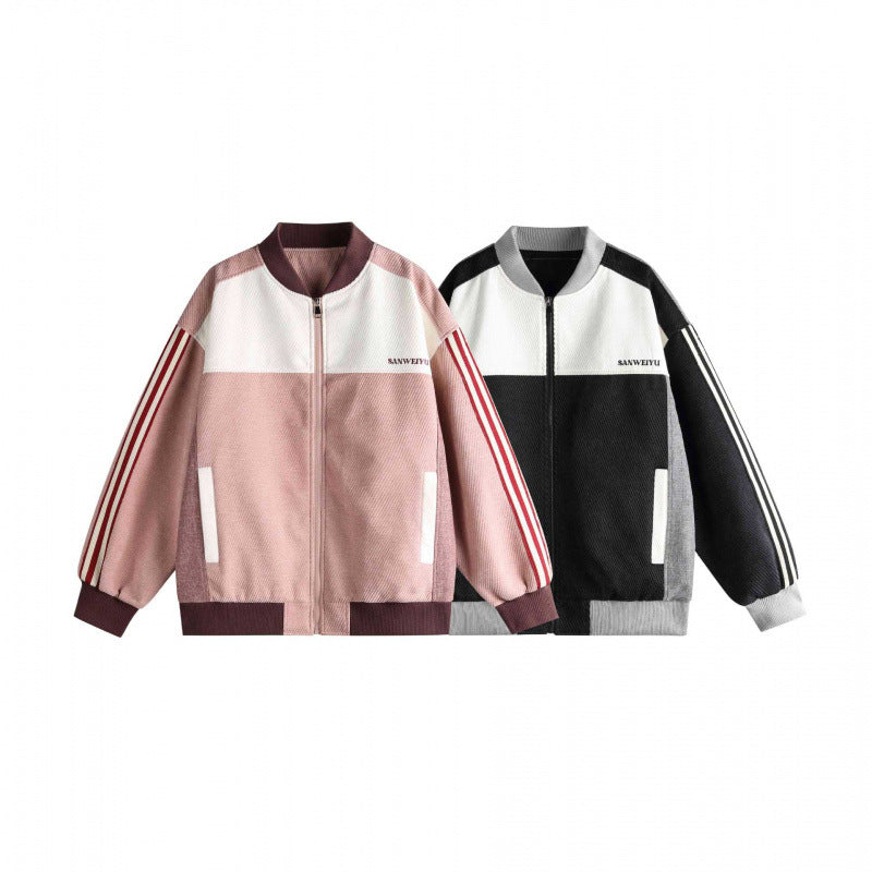 Unisex Short Cut Boxy Bomber Jacket in Sportline Style with Full Zip, Contrasting Stripe Sleeves and Ribbed Cuffs Chichicherry