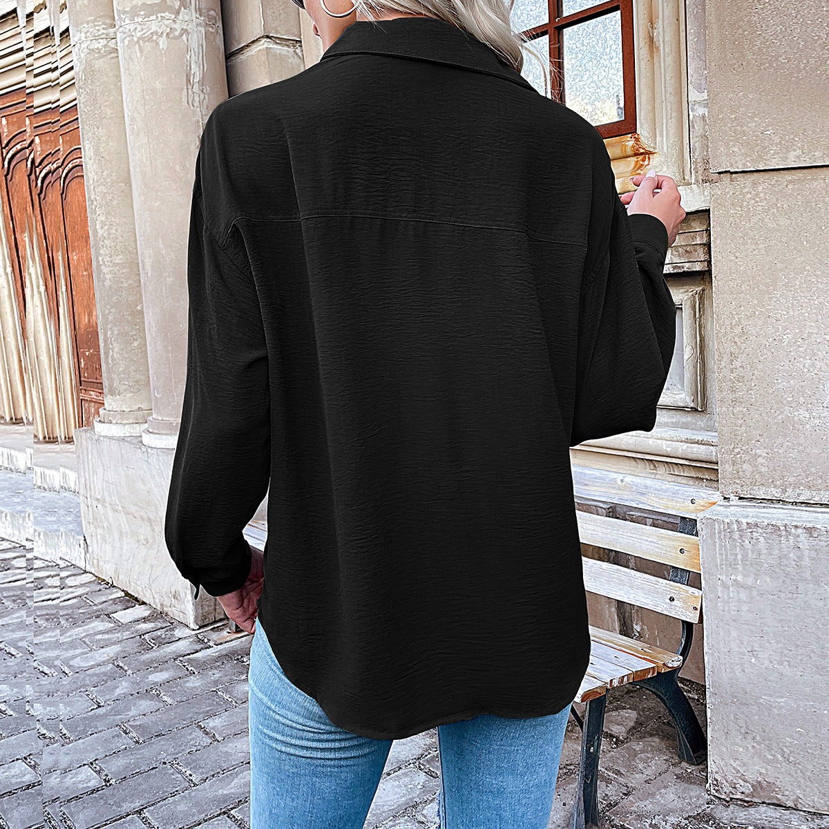 Women's Loose Viscose Shirt with V-Neck, Button Placket and Breast Pocket Chichicherry