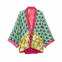 Women's Patchwork Kimono Top made of silk blend with deep V-neck and tie belt Chichicherry