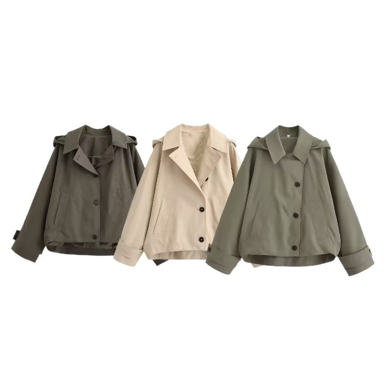 Ladies short trench coat in boxy cut with notch collar and piped patch pockets Chichicherry