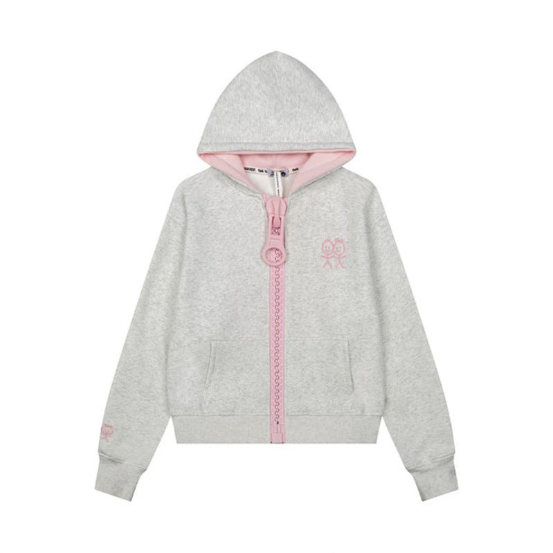 Women's Hoodie Sweat Jacket with Oversized Zipper and Minimalist Embroidery Chichicherry