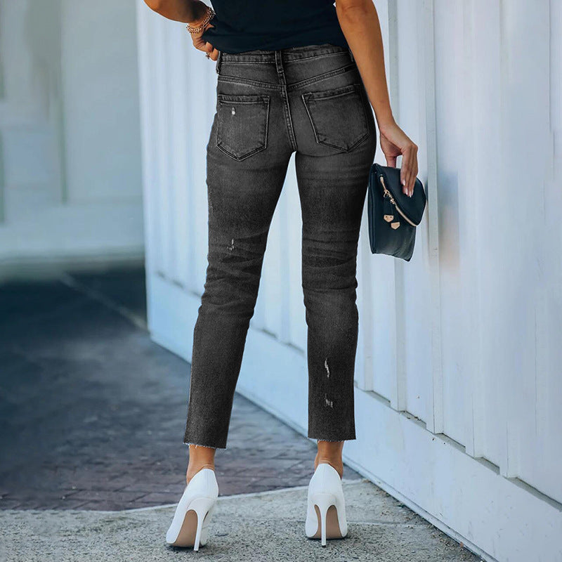 Women's Figure-Hugging High-Waisted Ankle-Length Jeans with Slightly Frayed Hem Chichicherry
