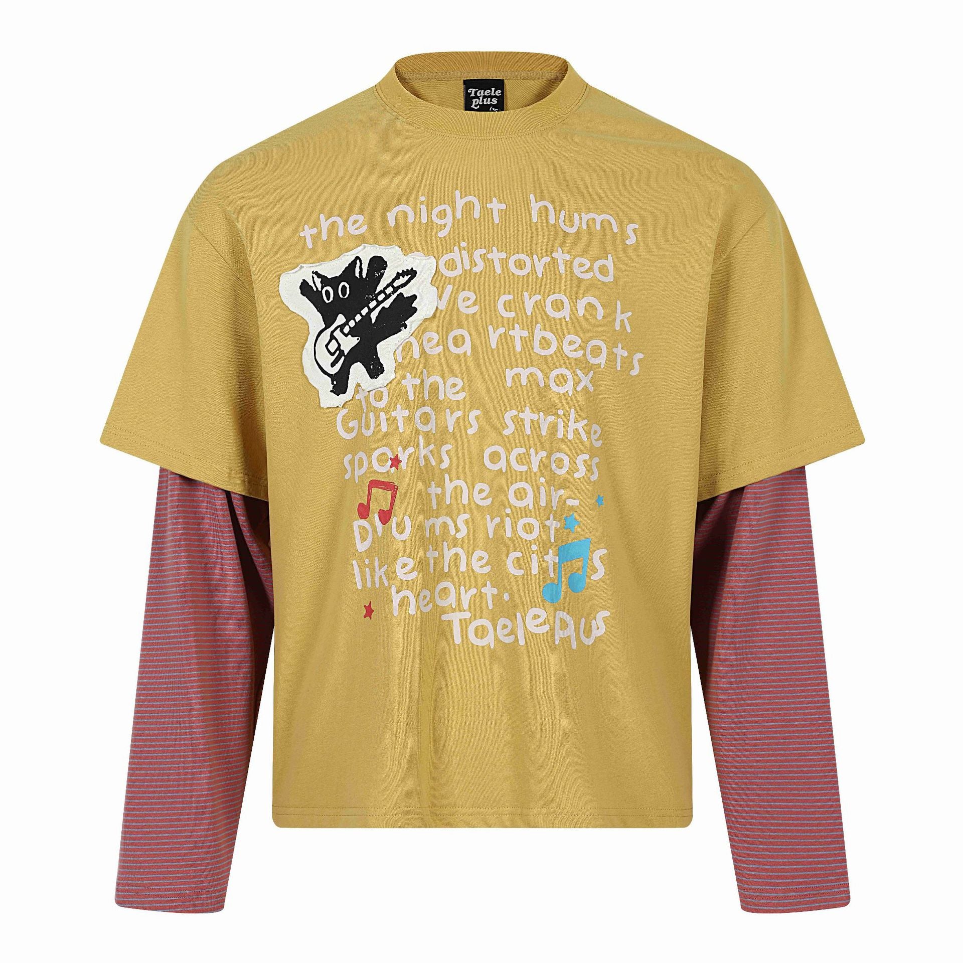 Unisex Layered Look Long Sleeve T-Shirt with Attached Short Sleeve Layer and Graphic Print Chichicherry