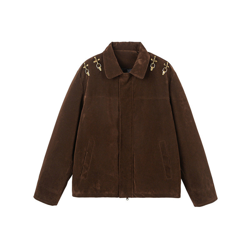 Men's short jacket made of suede look with decorative shoulder buckles and concealed zipper Chichicherry