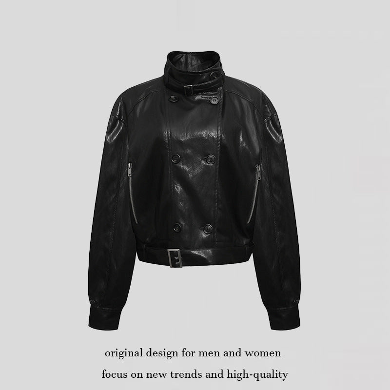 Women short double-breasted leather jacket with stand collar and waist belt Chichicherry