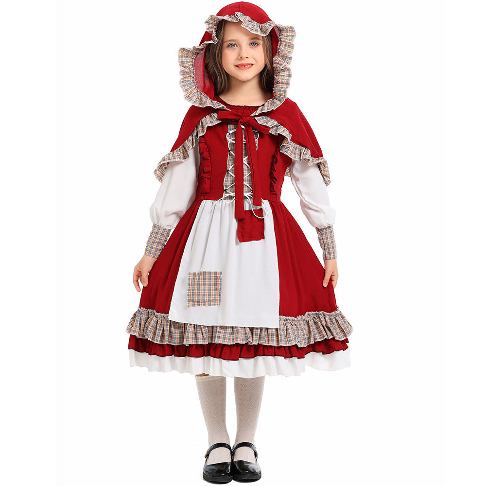 Girl Fairy Tale Little Red Riding Hood Costume with Hood and Ruffles Chichicherry