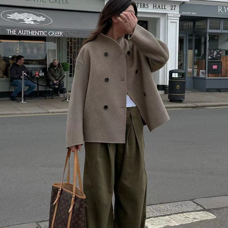 Ladies Short Double-Breasted Wool Coat with Stand-up Collar Chichicherry