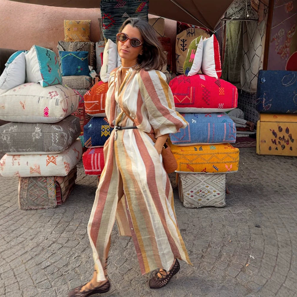 Women's Striped Linen Maxi Dress in Boho Style with Balloon Sleeves, Side Slit and Waist Belt Chichicherry