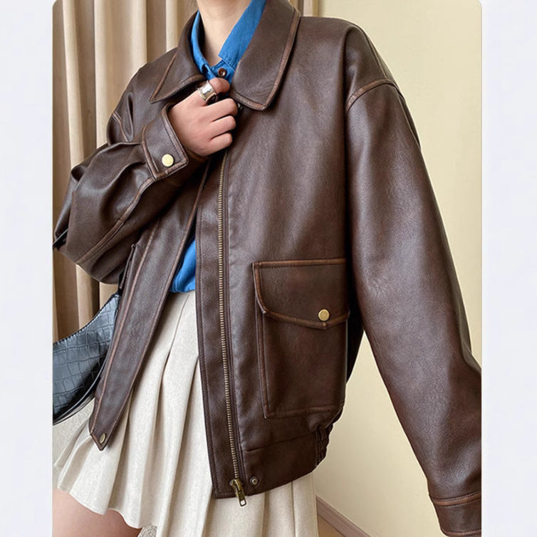 Women's Oversized Faux Leather Blouson with Shirt Collar, Flap Pockets and Concealed Zipper Placket Chichicherry
