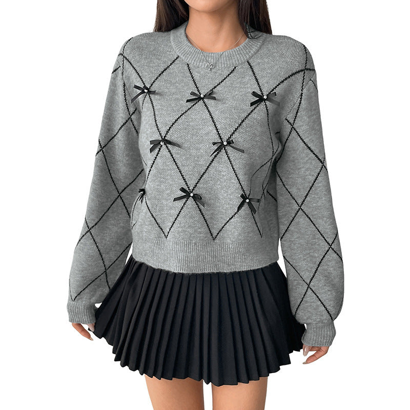 Women's Short Argyle Knit Sweater with Decorative Bows and Ribbed Hem Chichicherry
