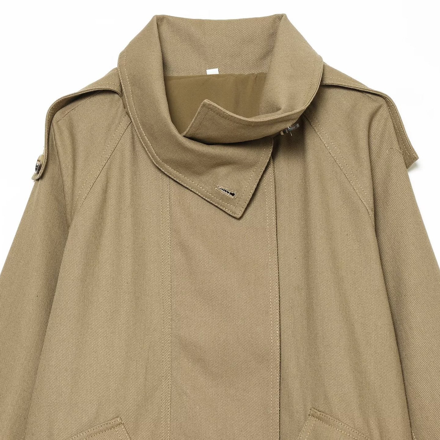 Women's Short Oversized Cape Trench Coat with High Funnel Collar and Utility Patch Pockets Chichicherry