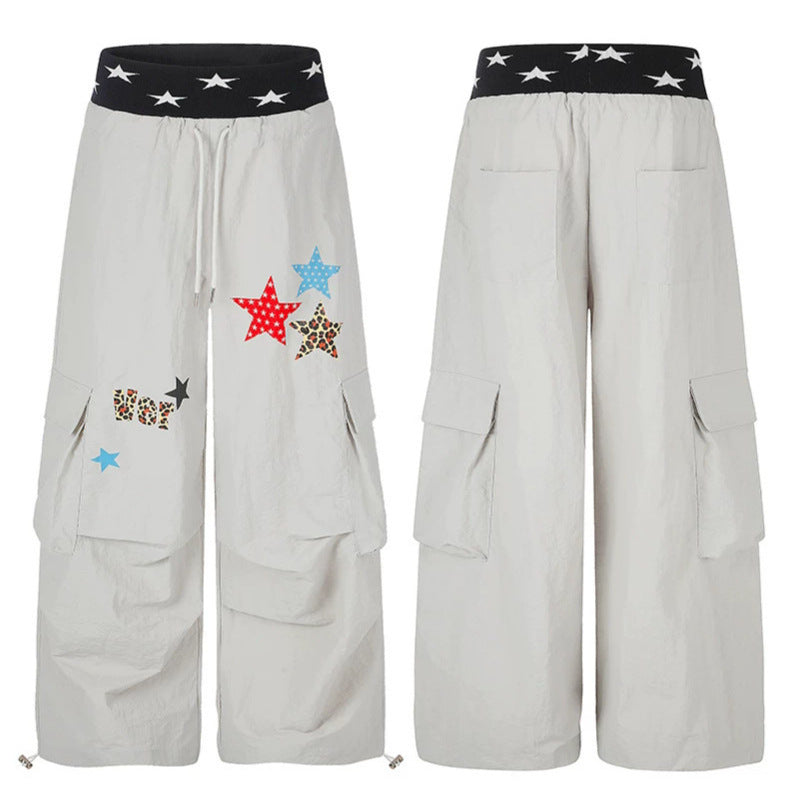 Women's Extra Wide Cargo Palazzo Pants with Star Jacquard Waistband, Drawstring and Playful Star Applications
