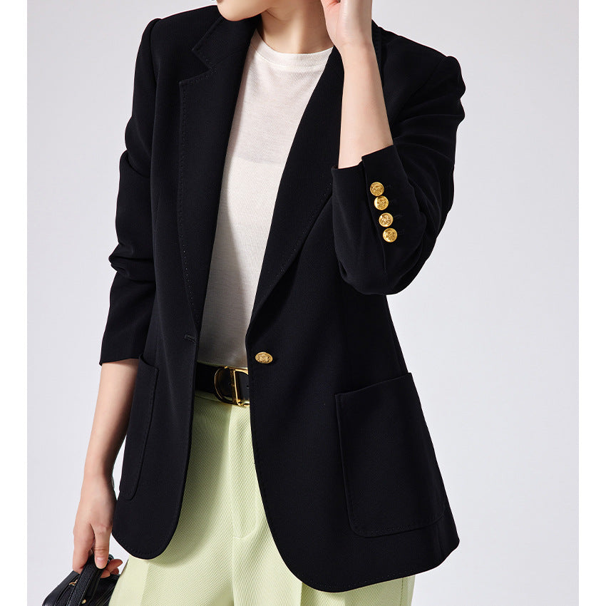 Women Tailored Single-Button Blazer with Patch Pockets and Narrow Lapel Chichicherry