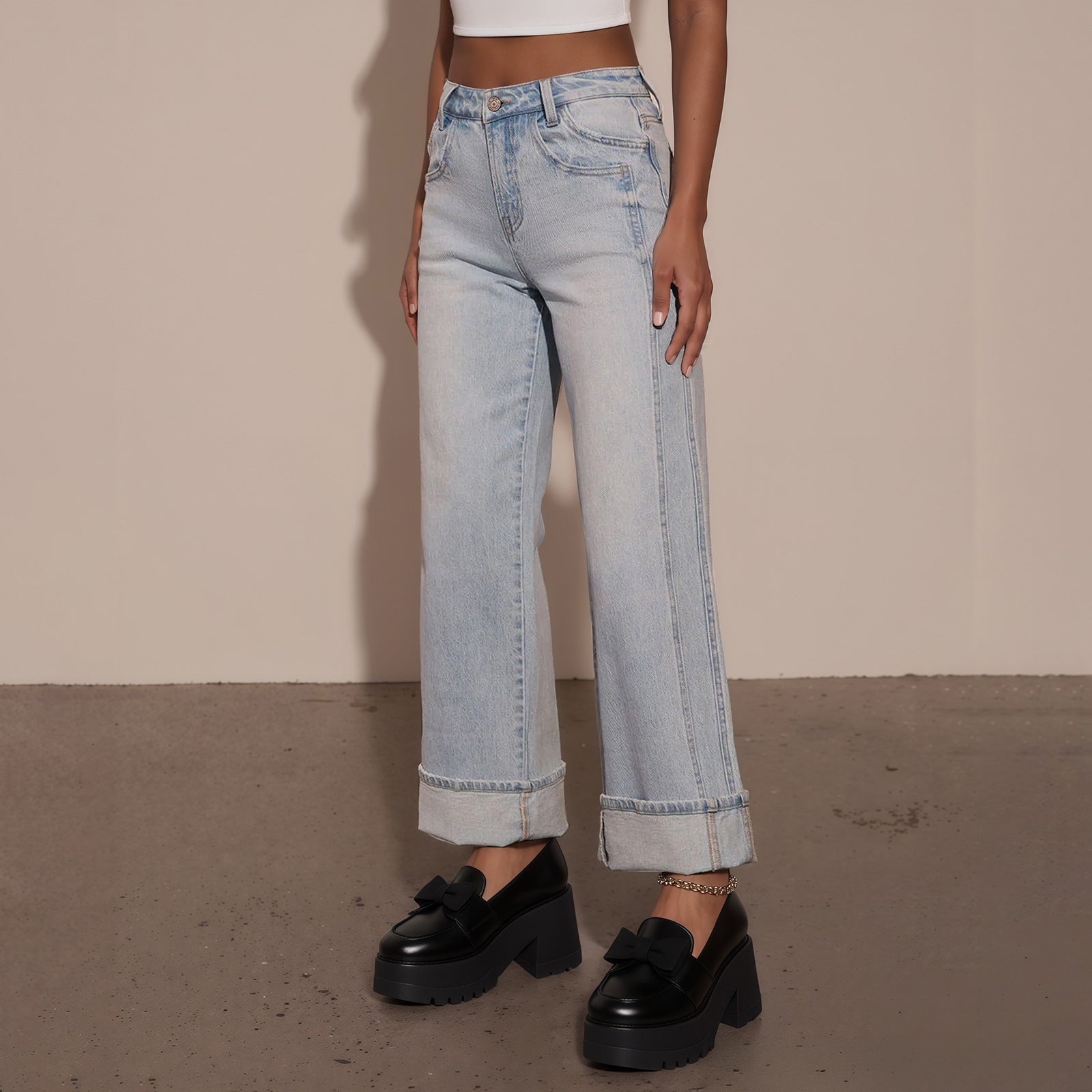 Women High-Waisted Wide Jeans with Extra Wide Cuff Chichicherry