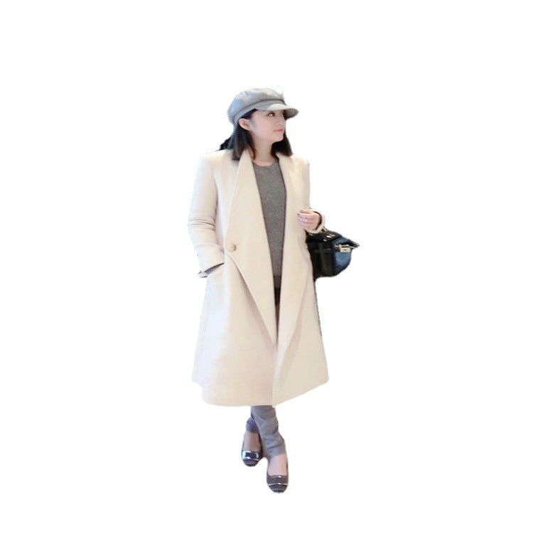 Women's midi-length tailored wool blend long coat with shawl collar, inset pockets, and discreet decorative buttons Chichicherry
