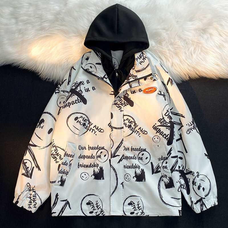 Men's multi-layer transitional jacket with hooded inner layer and smiley graffiti print Chichicherry