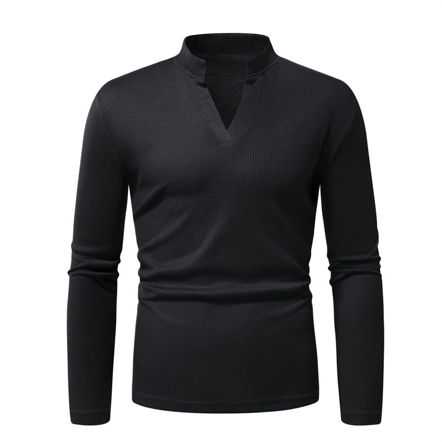 Men's Thermal Waffle Knit Shirt with Stand Collar and V-Neck Chichicherry