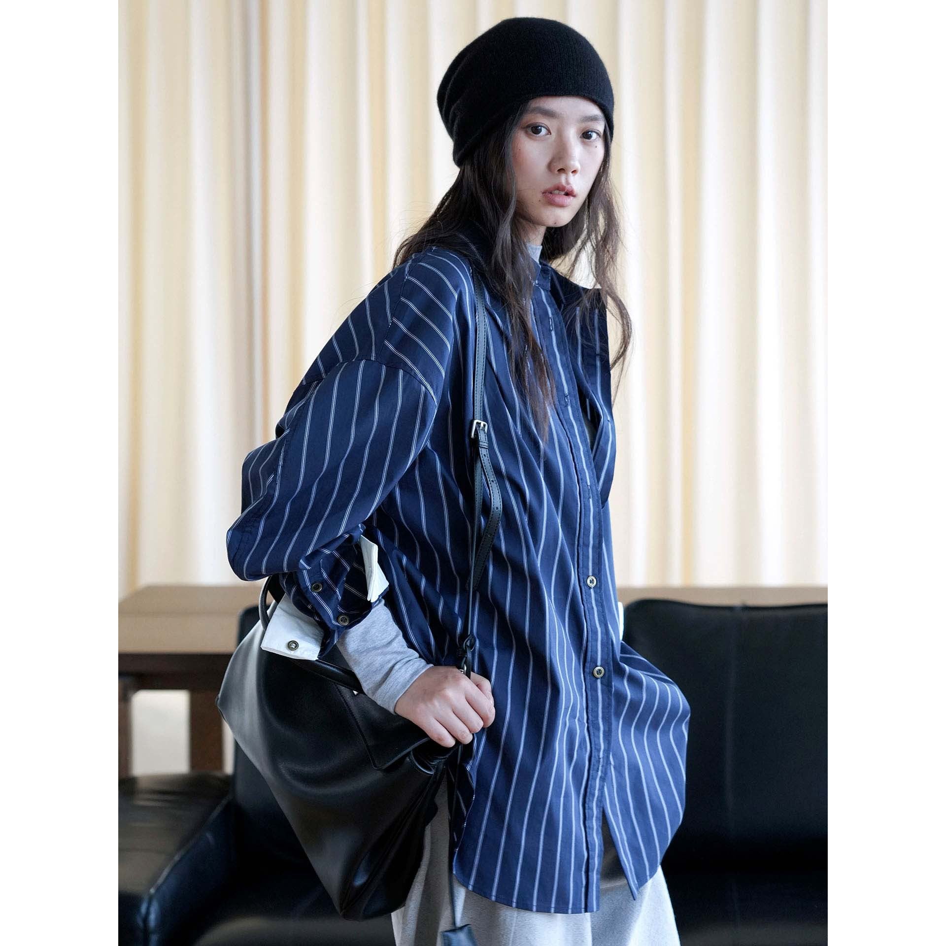 Women's Oversized Stripe Blouse with Contrast Cuffs Chichicherry