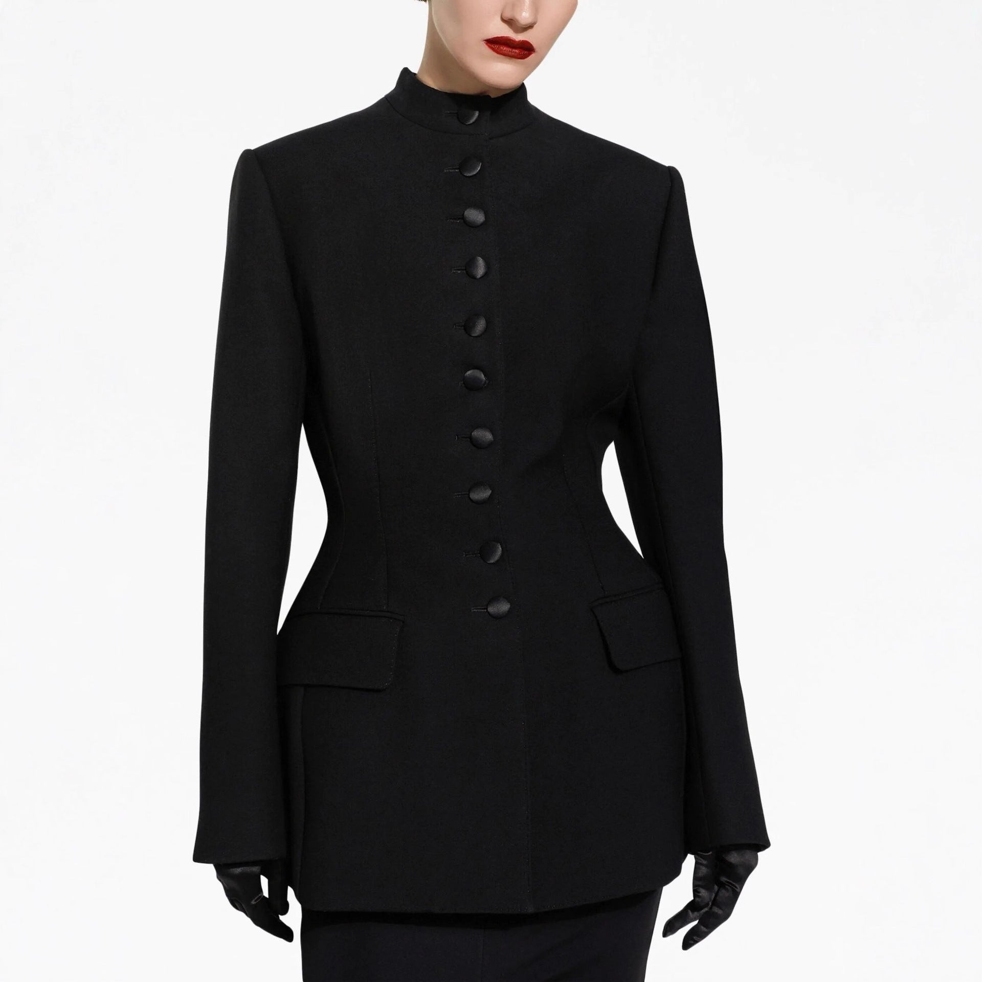 Women's Tailored Blazer with Stand-up Collar, Structured Shoulder and Decorative Button Placket Chichicherry