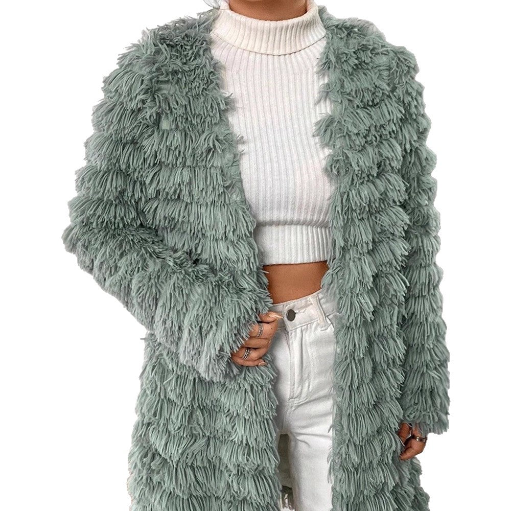 Women Midi-length Plush Coat with Fringe Structure and Open Silhouette Chichicherry