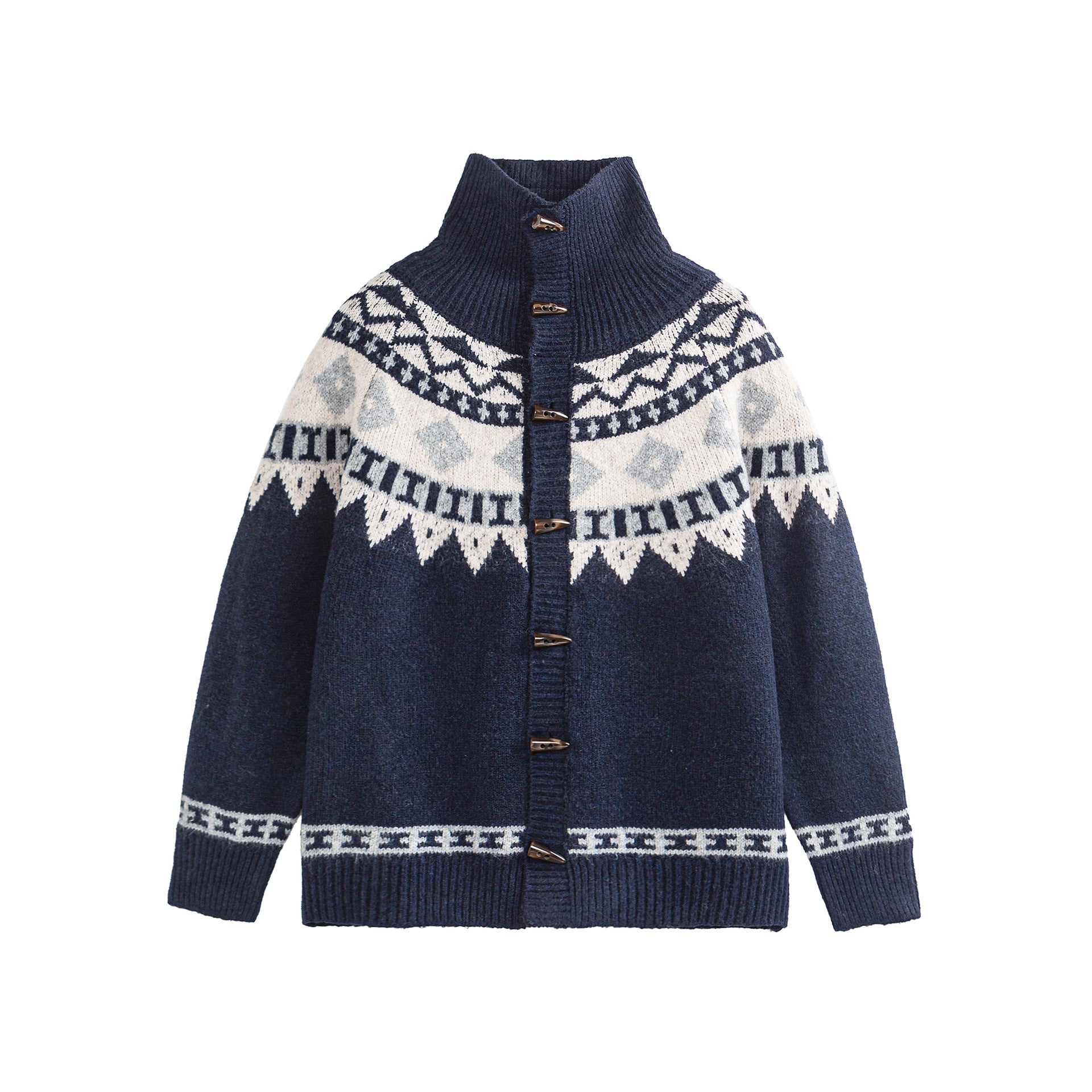Women's Norwegian pattern knitted cardigan with high stand collar and toggle closures Chichicherry