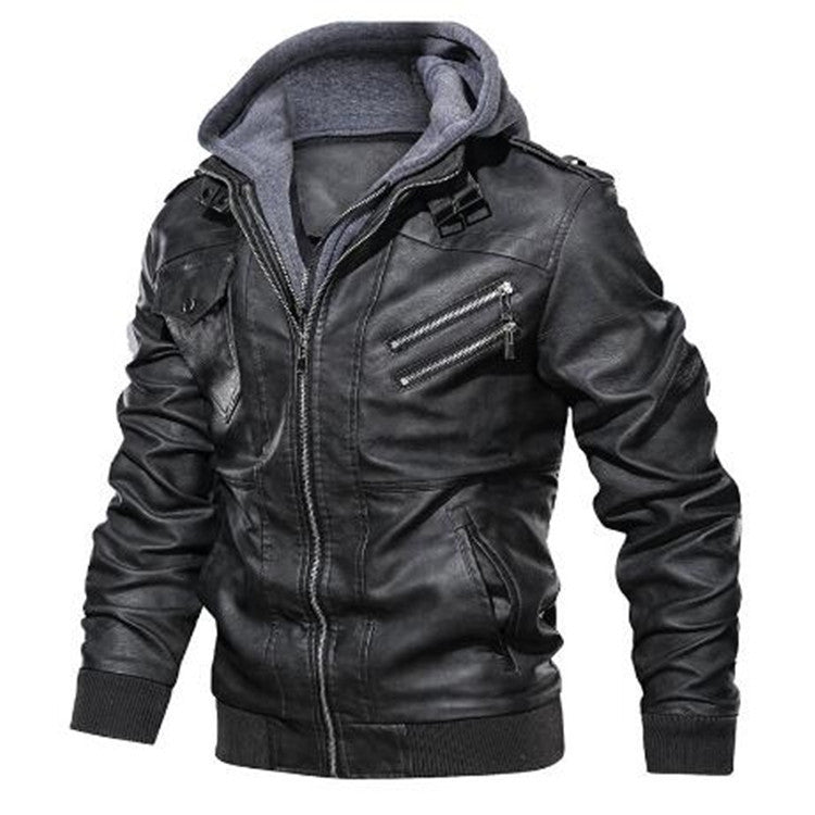 Men's Faux Leather Pilot Jacket with Hooded Lining, Zipper Pockets and Ribbed Hem Chichicherry