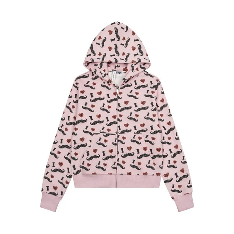 Women's Short Hooded Sweat Jacket with Graphic Print, Ribbed Cuffs, and Kangaroo Pockets Chichicherry