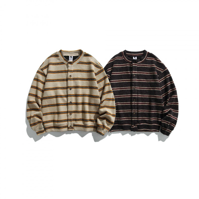 Unisex locker-cut striped cardigan with round neck and decorative button placket Chichicherry