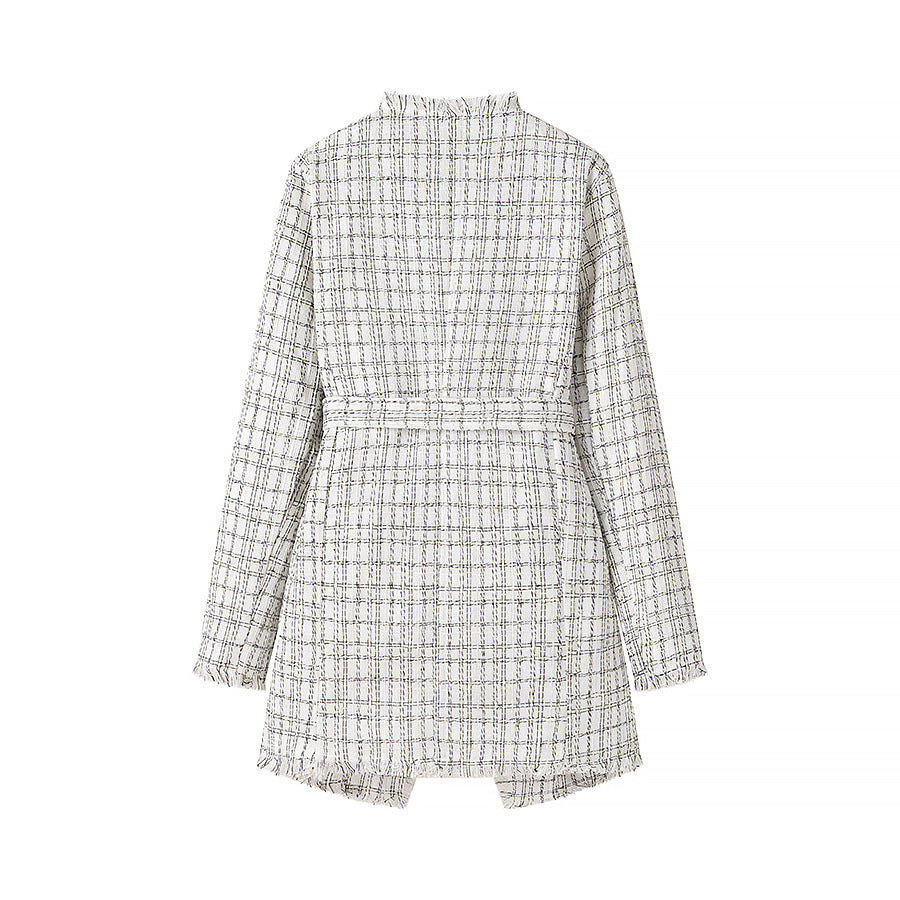 Women's Tailored Boucle Short Coat with Shawl Collar and Tie Belt Chichicherry