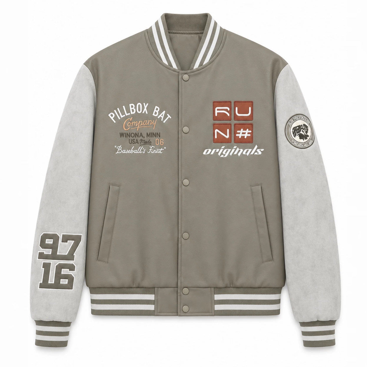 Men's varsity bomber jacket in retro college style with faux leather body and contrast sleeves Chichicherry