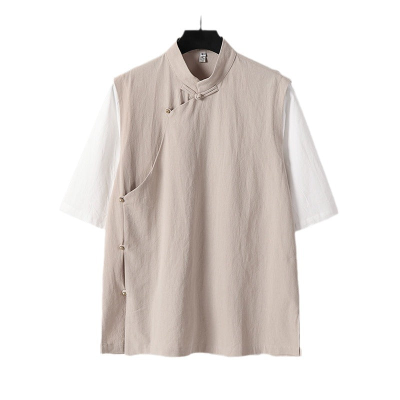 Men's Asymmetrical Linen Vest with Stand Collar and Side Button Placket Chichicherry