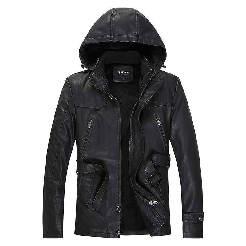 Men's padded faux leather jacket with hood, warm teddy lining and belt detail Chichicherry