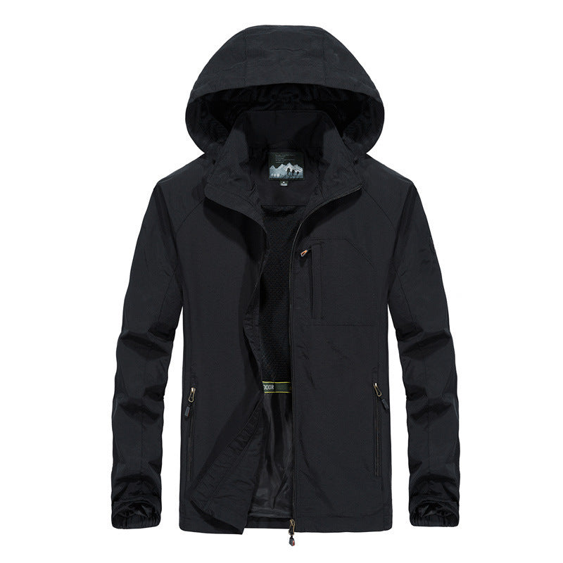 Men's Lightweight Wind-Resistant Softshell Outdoor Jacket with Hood, Mesh Lining, and Multifunctional Pockets Chichicherry