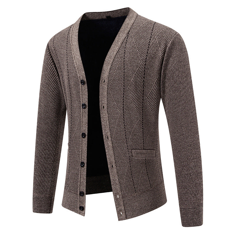 Men's Structured Fine Knit Cardigan with Chevron Pattern, V-Neck and Insert Pockets Chichicherry